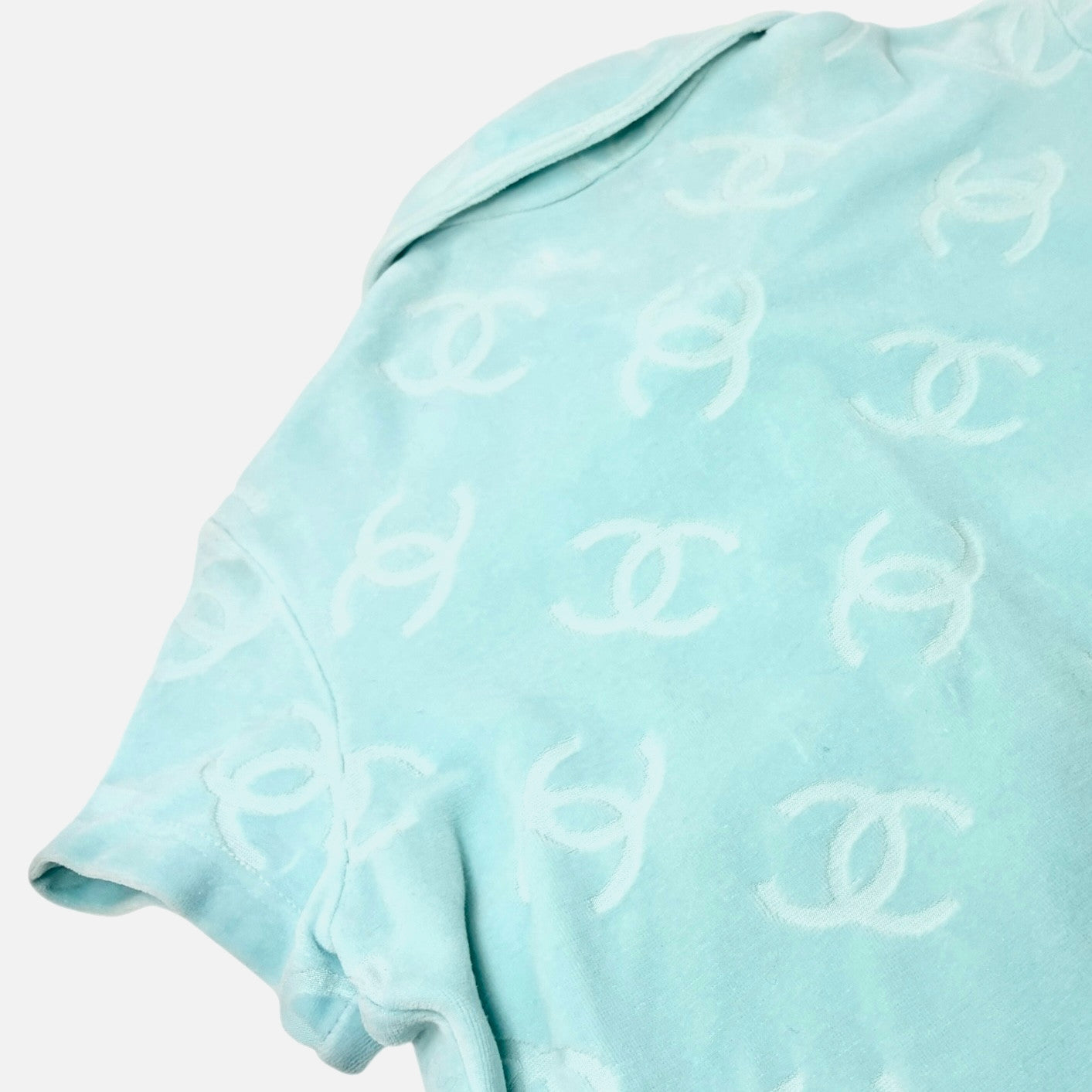 CHANEL Vintage 96A CC Logo Snap Button Velour Shirt Top #38 Light Blue