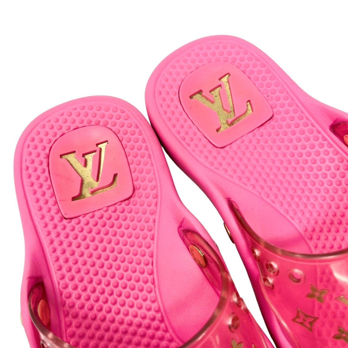 LOUIS VUITTON Vintage LV Monogram Logo Slide Sandals      37-37.5 Pink Gold Rubber
