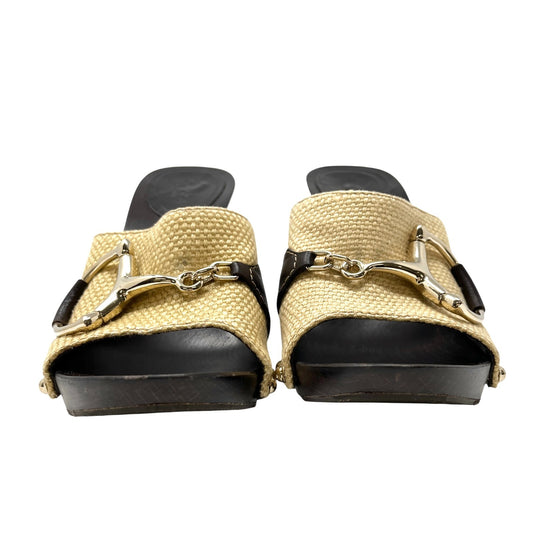 GUCCI Vintage Logo Horsebit Sandals Heels #36.5 Beige Brown Silver Cotton Wood