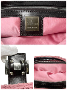 FENDI Vintage FF Logo Mamma Baguette Shoulde Bag Zip Pink Brown Wool Rank AB