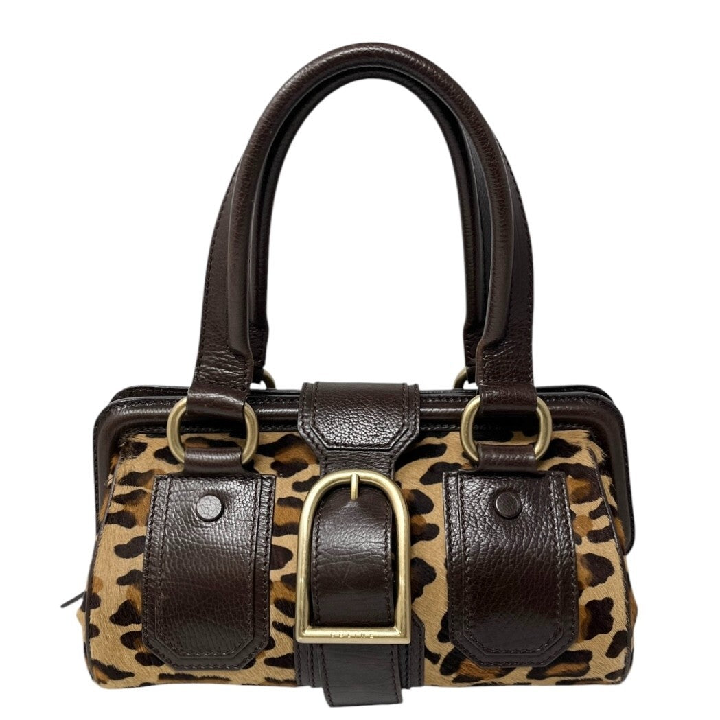 CELINE Vintage Macadam Logo Leopard Shoulder Bag Brown Beige Calf Hair Leather
