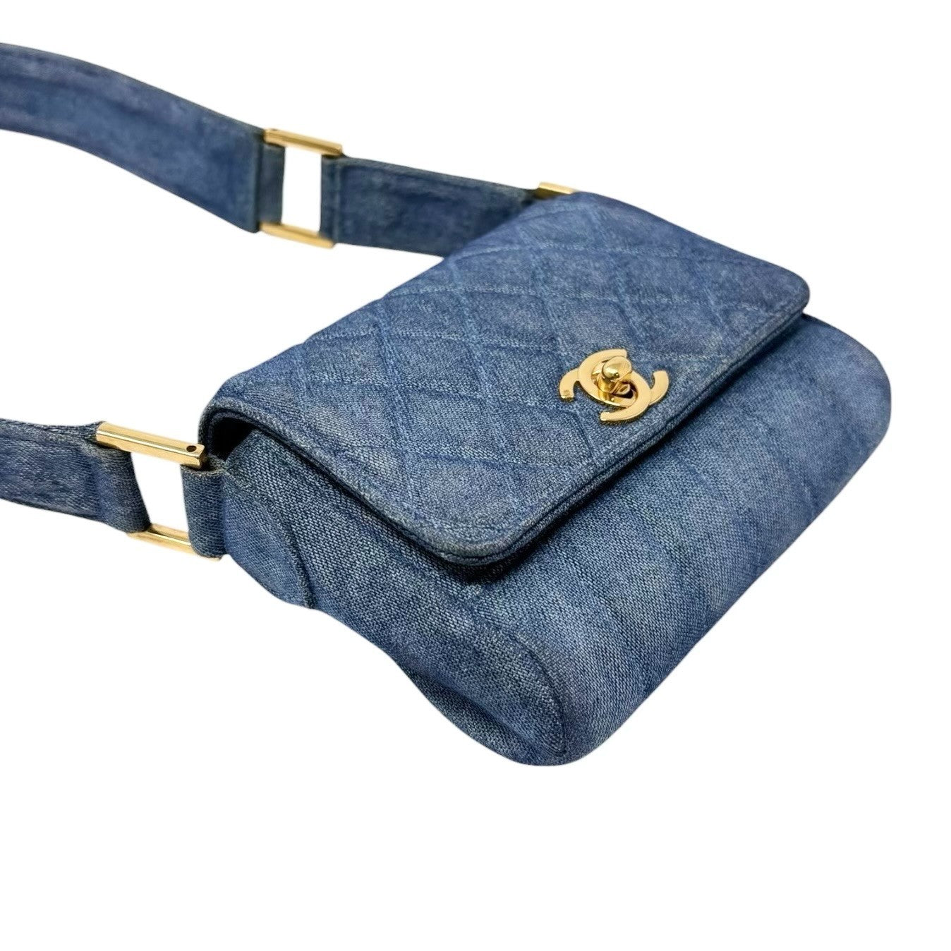 CHANEL Vintage CC Logo Turnlock Quilted Denim Flap Shoulder Bag Blue Gold
