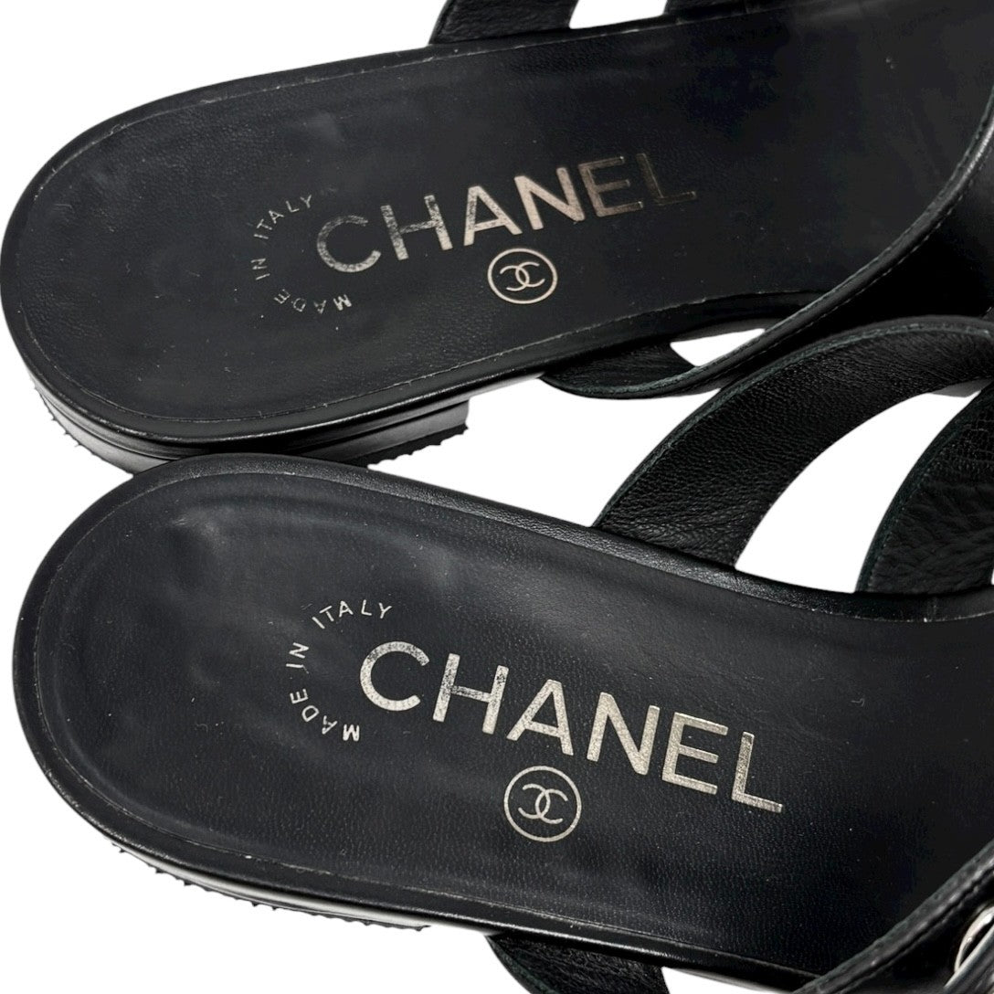 CHANEL Vintage CC Mark Logo Turnlock Flat Thong Sandals #37.5 Black Leather
