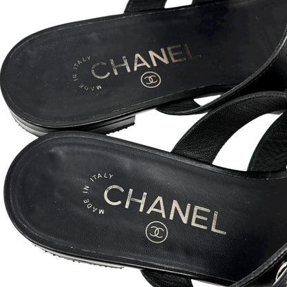 CHANEL Vintage CC Mark Logo Turnlock Flat Thong Sandals #37.5 Black Leather