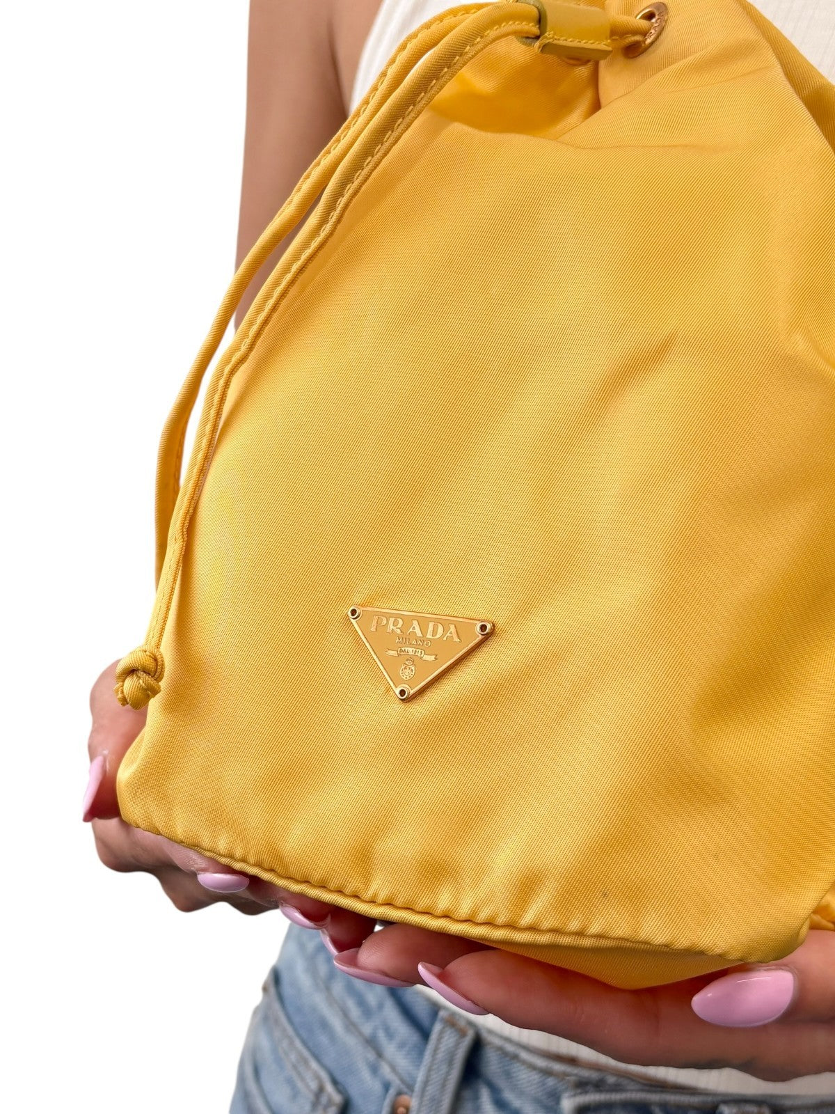 PRADA Vintage Triangle Logo Drawstring Bag Handbag Pouch Yellow Nylon