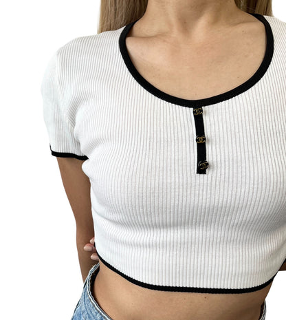CHANEL Vintage 95P CC Logo Button Knit Cropped Ribbed T-shirt #42 White Cotton