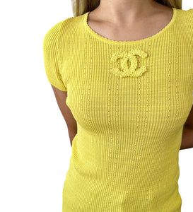 CHANEL 09P Vintage CC Logo Summer Knit Top #34 Yellow Cotton Rank AB+