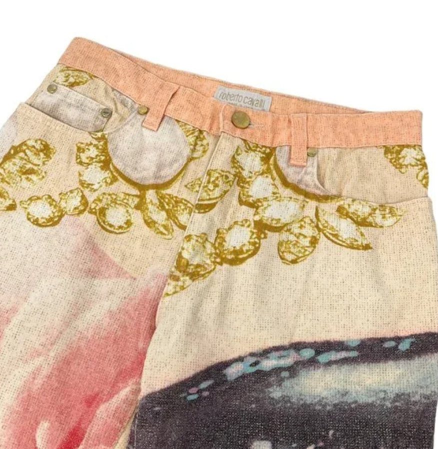Roberto Cavalli Vintage Logo Jewel Print Pants #XS Glitter Orange Gold Cotton