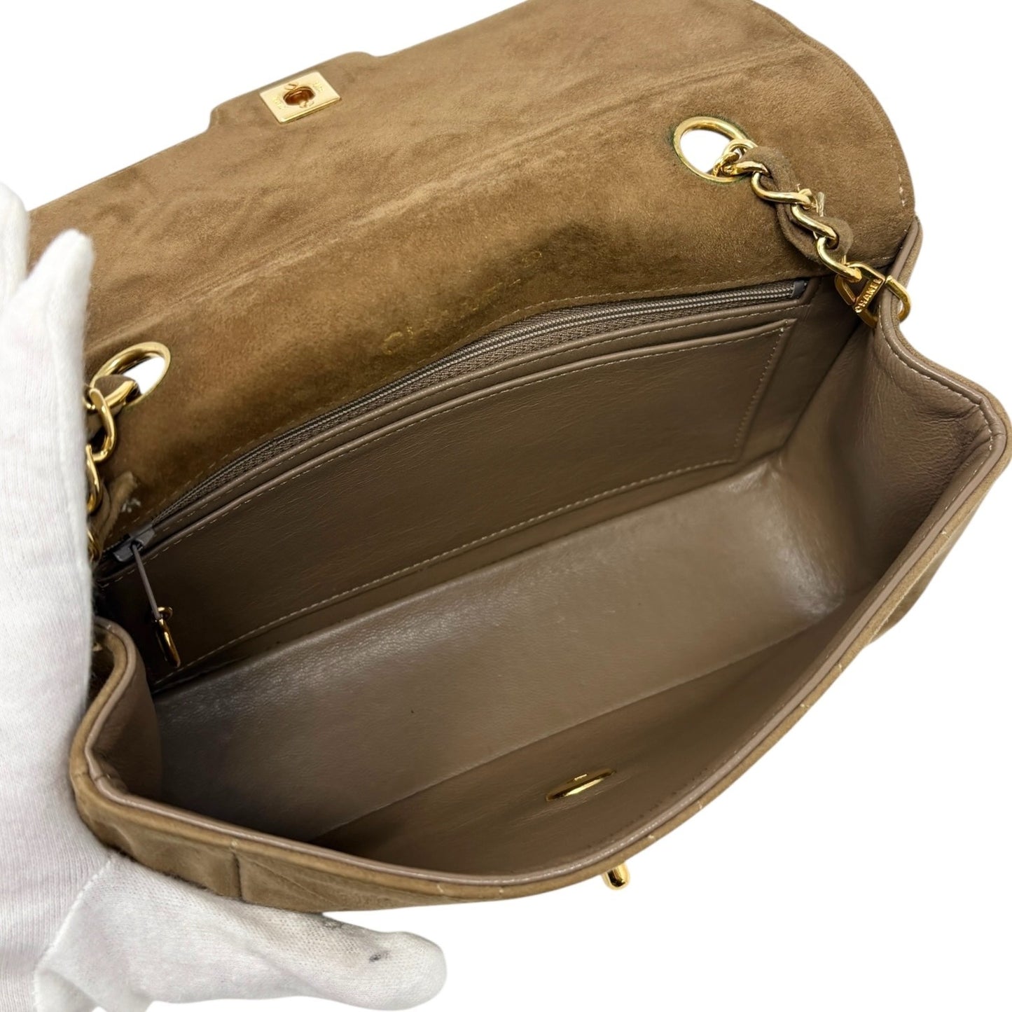 CHANEL Vintage CC Logo Turnlock Quilted Suede Flap Bag Brown Gold