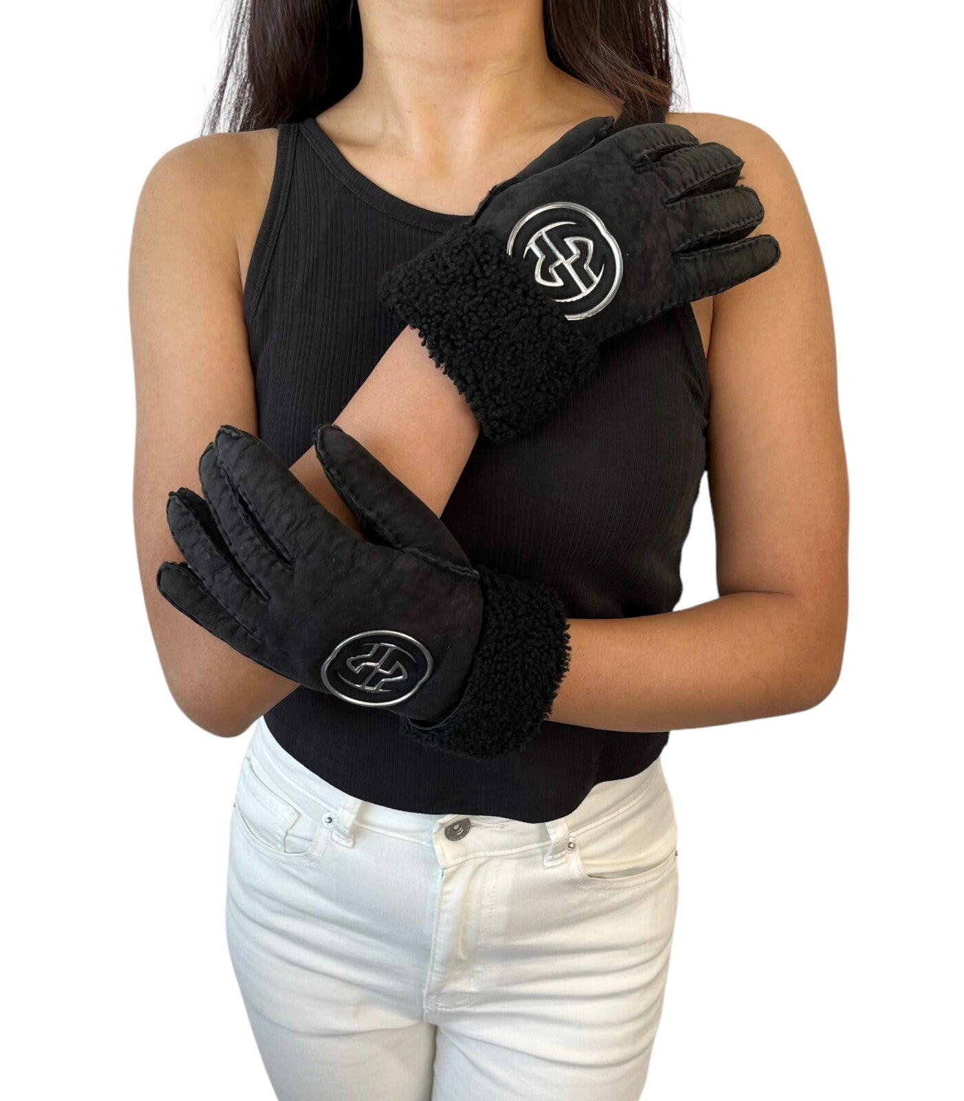 GUCCI Vintage GG Interlocking Logo Gloves #7.5 Black Silver Leather RankAB