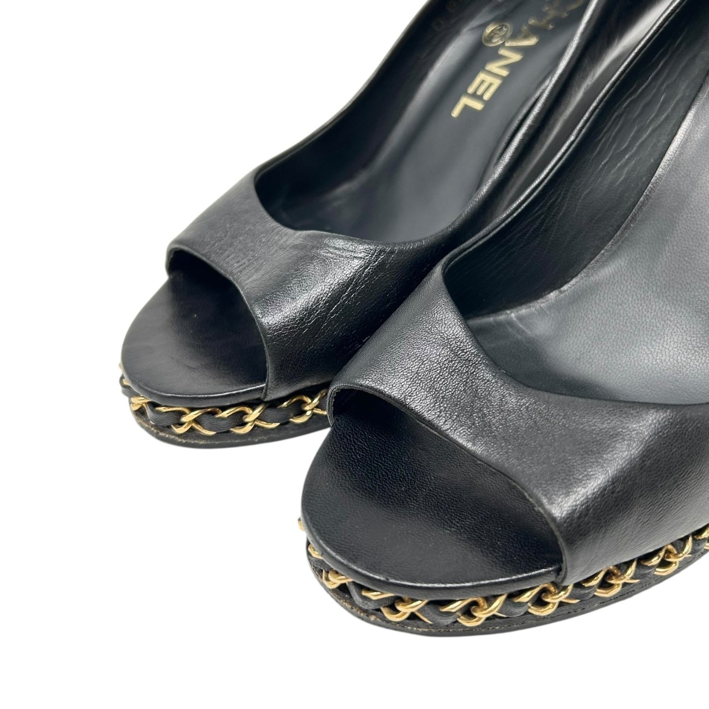 CHANEL Vintage CC Logo Open Toe Chain Sandals #37-37.5 Black Wedge Heels