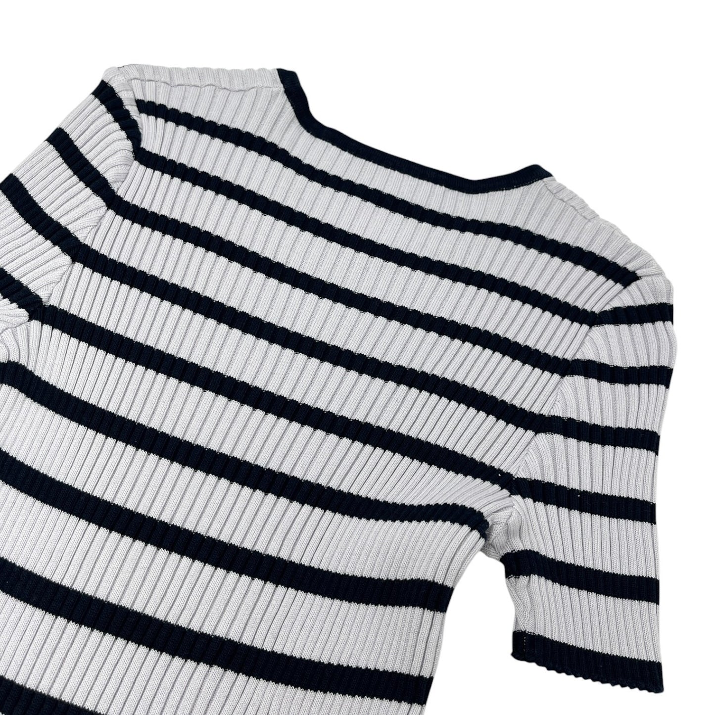 CHANEL Vintage 98P CC Logo Stripe Rib Knit T-shirt Top #40 Blue Cotton 902587