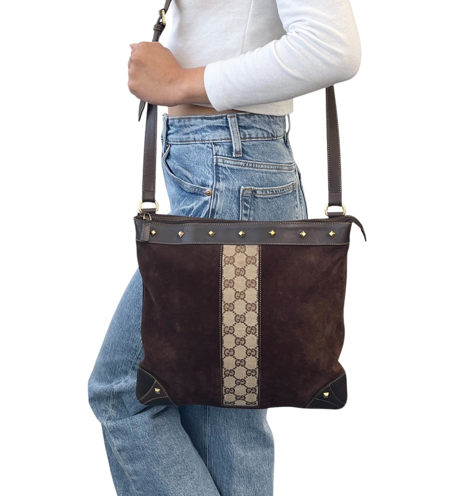 GUCCI Vintage GG Monogram Crossbody Bag Brown Gold Suede Canvas Studs Nailhead
