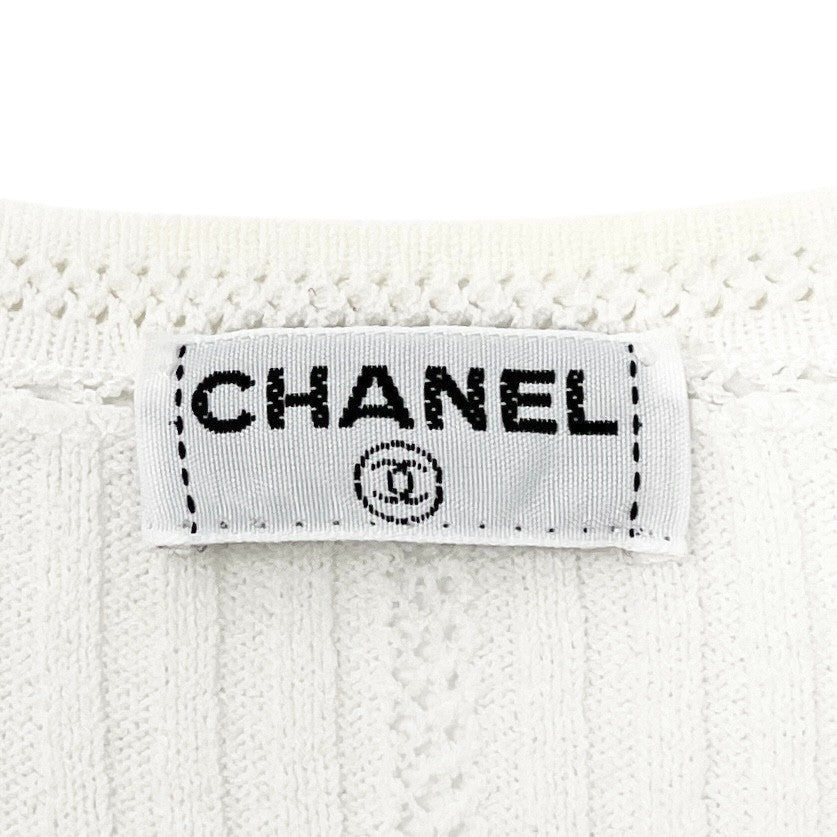 CHANEL Vintage 03P CC Logo Knit Rib T-shirt Top Mesh White Cotton Short Sleeve