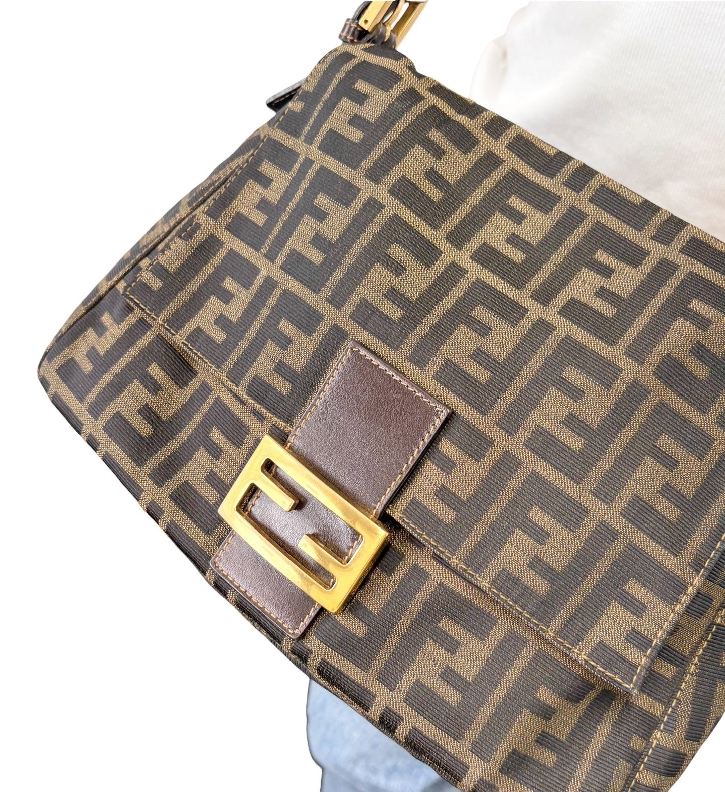 FENDI Vintage FF Zucca Mamma Baguette Shoulder Bag Canvas Brown Gold 901857
