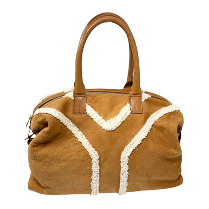 Yves Saint Laurent Vintage YSL Logo Boa Boston Bag Brown Cream Suede 902808