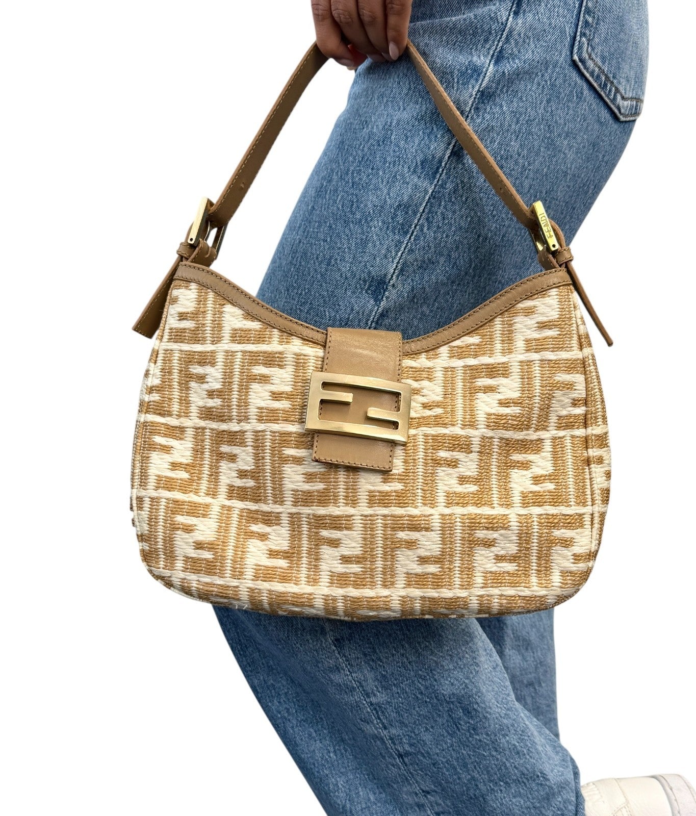 FENDI Vintage FF Logo Zucca Raffia Hobo Shoulder Bag Beige White Leather