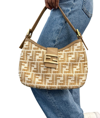 FENDI Vintage FF Logo Zucca Raffia Hobo Shoulder Bag Beige White Leather