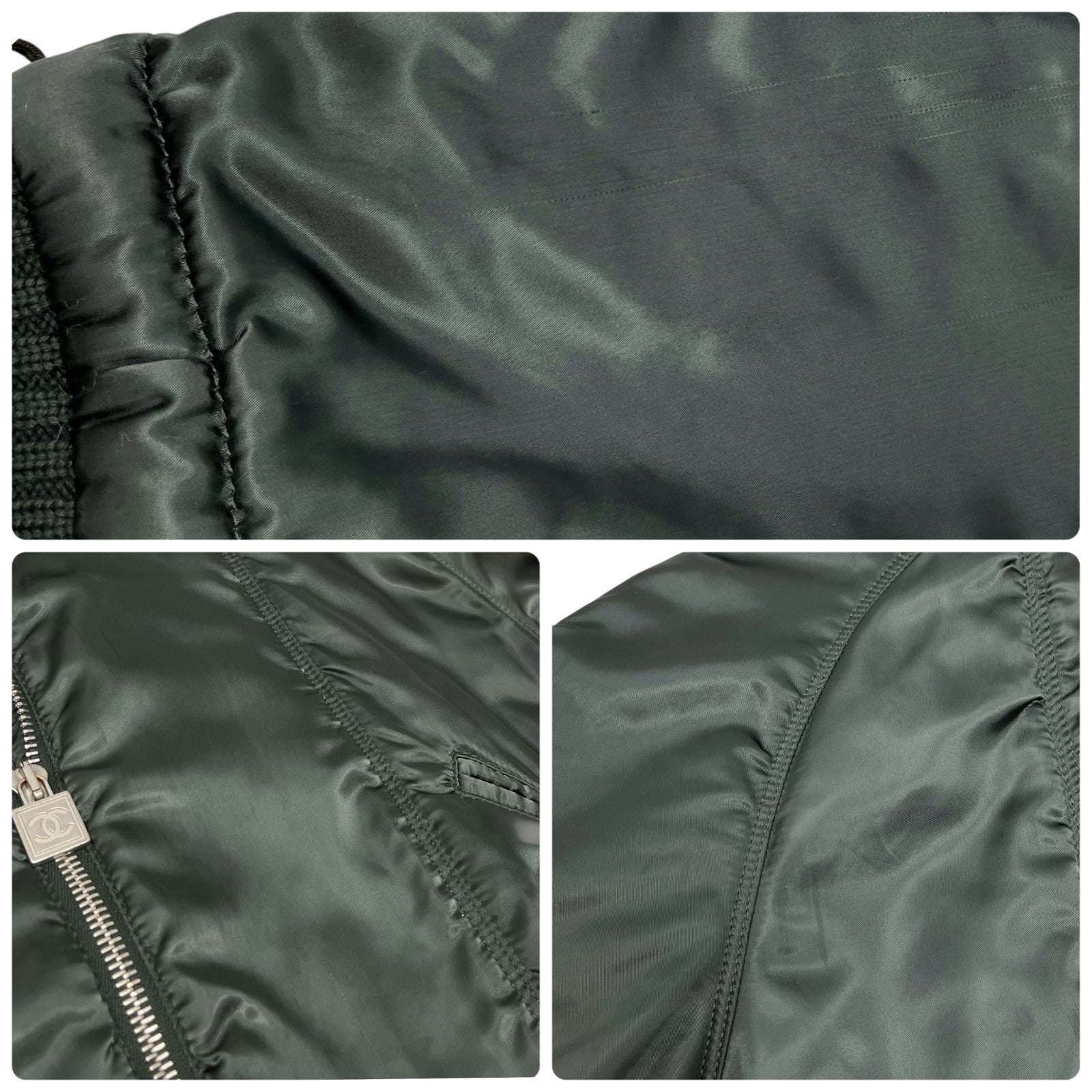 CHANEL Sport Vintage 03A CC Logo Nylon Jacket #38 Rib Knit Zip Green Silver