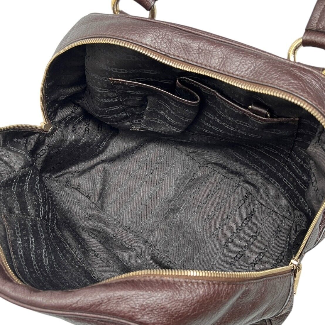 CELINE Vintage Macadam Big Logo Tote Bag Brown Gold Leather Nylon Zip