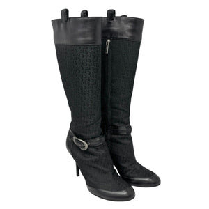 Dior Vintage Trotter Monogram Long Boots Heels #38.5 Black Silver Canvas
