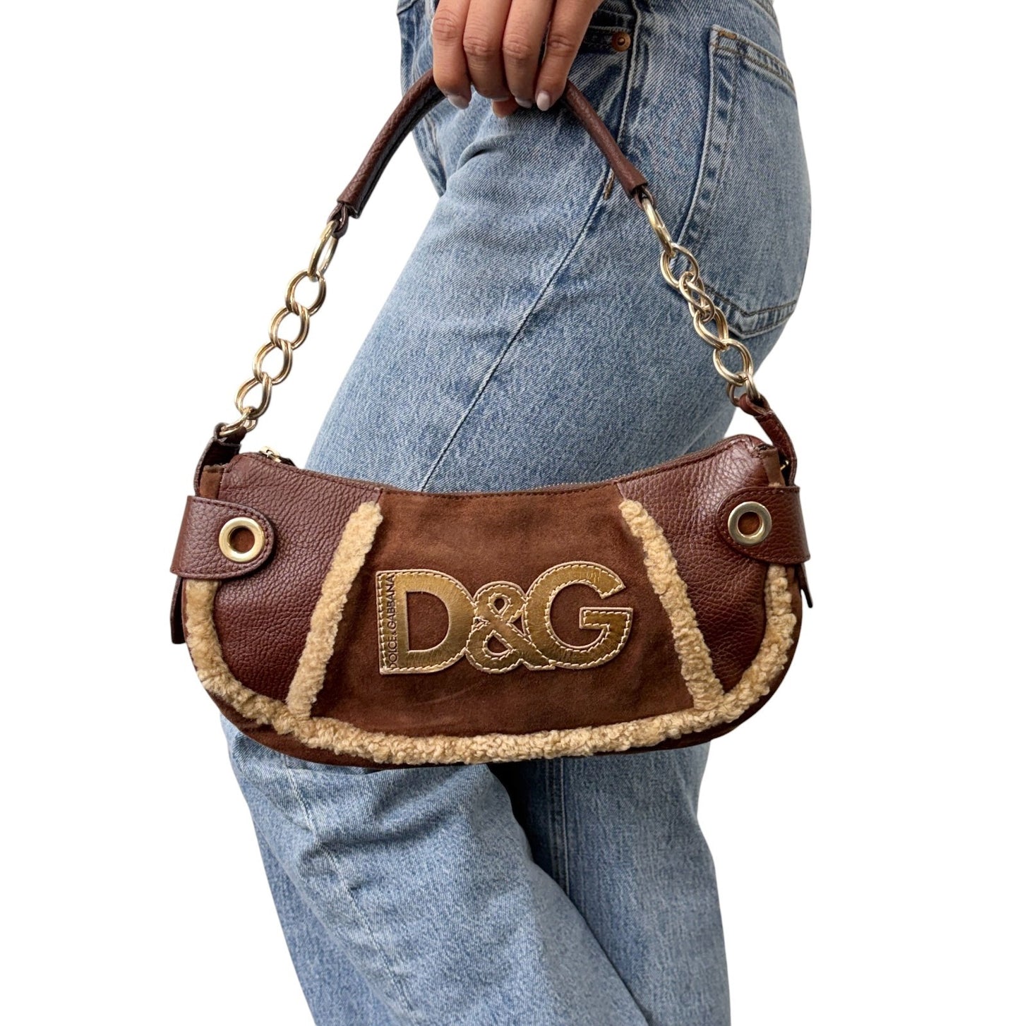 DOLCE&GABBANA Vintage D&G Chain Shoulder Bag Suede Leather Brown Gold 902412