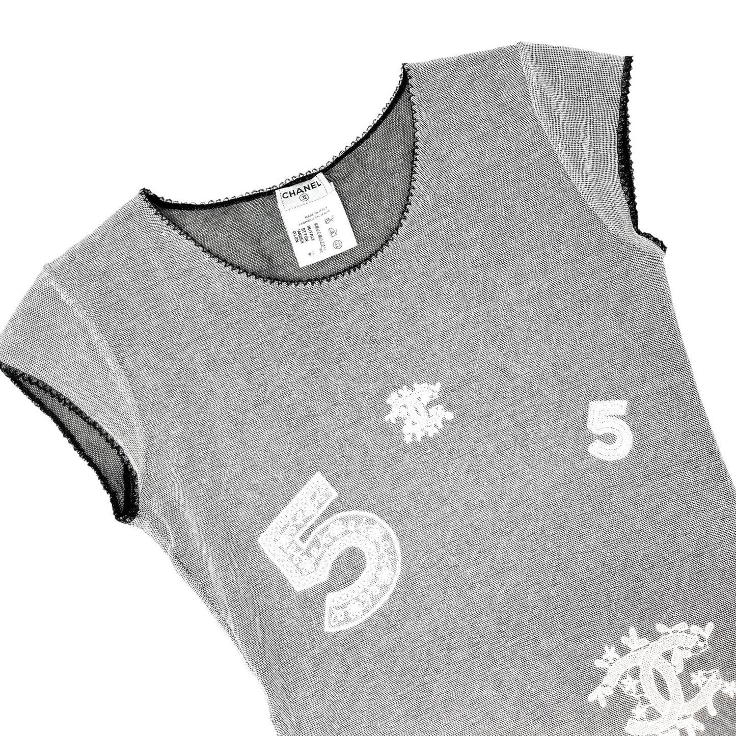 CHANEL Vintage 04P CC Logo Mesh Top #34 Cotton Spandex White Black Short Sleeve