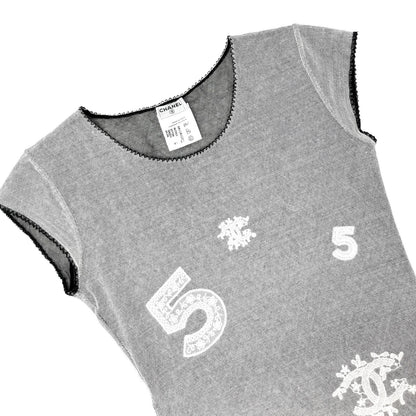 CHANEL Vintage 04P CC Logo Mesh Top #34 Cotton Spandex White Black Short Sleeve