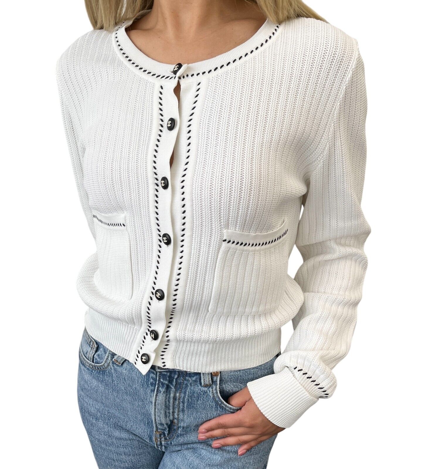 CHANEL Vintage 96P CC Logo Rib Knit Cardigan #38 Top Stitch White Black Cotton