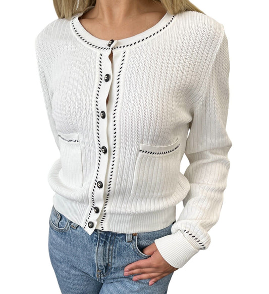 CHANEL Vintage 96P CC Logo Rib Knit Cardigan #38 Top Stitch White Black Cotton