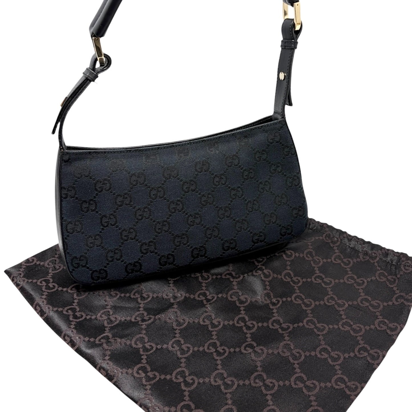 GUCCI Vintage GG Monogram Logo Canvas Pochette Mini Bag Dark Blue Gold Leather