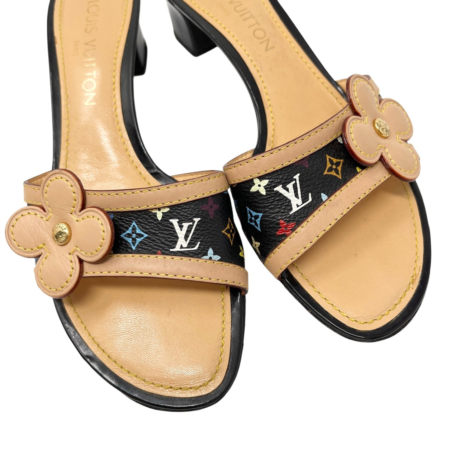 LOUIS VUITTON Vintage Multicolor Monogram Sandals Heels #36.5 Flower Black Beige