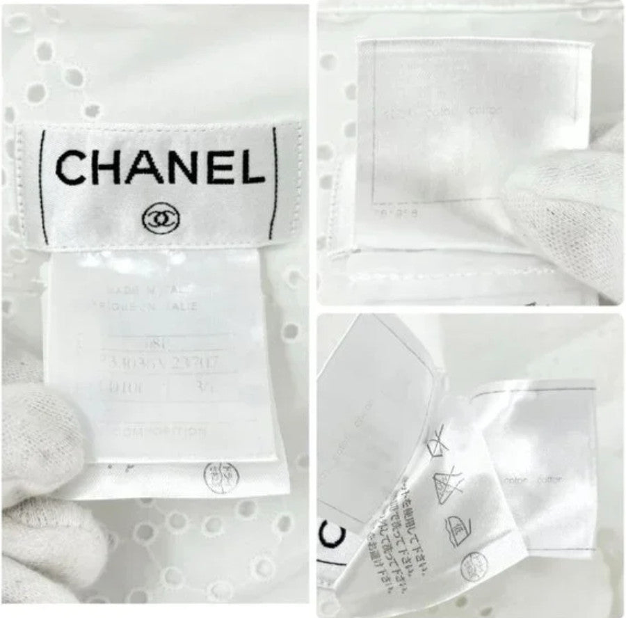 CHANEL Vintage 08P CC Logo Mark Camellia Blouse Shirt #36 Top White Cotton