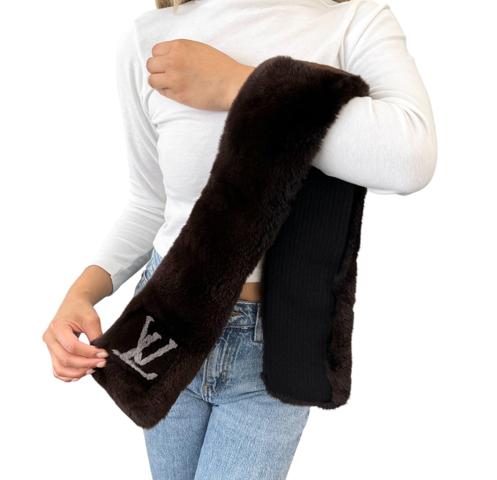 LOUIS VUITTON Vintage LV Logo Muffler Scarf Brown Gray Rabbit Fur Wool