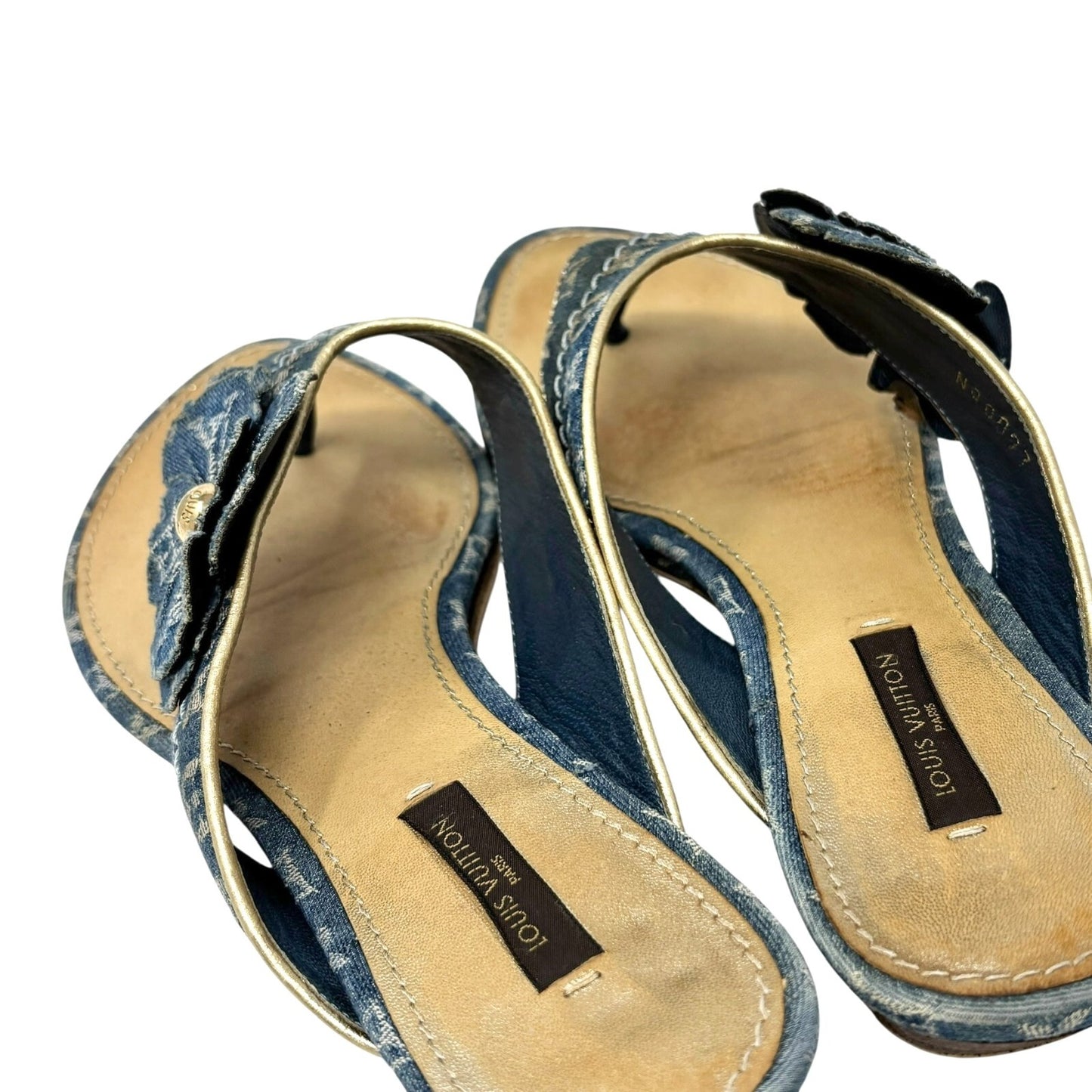 LOUIS VUITTON Vintage LV Monogram Denim Thong Sandals #37.5 Blue Gold Flower