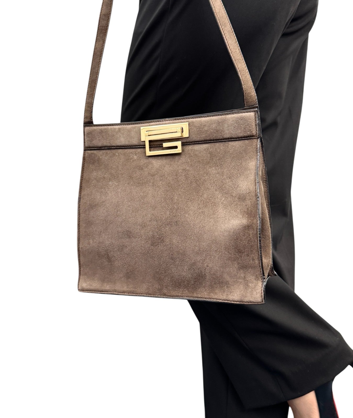 GUCCI Vintage G Square Logo Shoulder Bag Brown Gold Suede Leather 902021