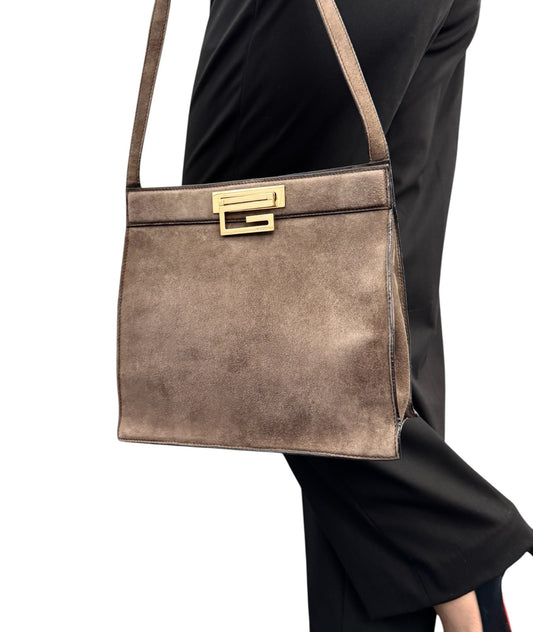 GUCCI Vintage G Square Logo Shoulder Bag Brown Gold Suede Leather 902021