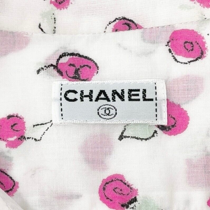 CHANEL Vintage 99S CC Logo Button Shirt Blouse Rose White Cotton Rank AB+