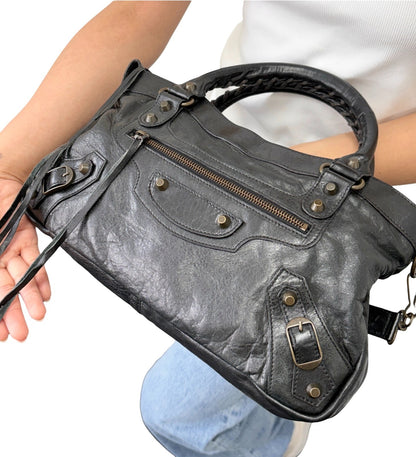 Balenciaga Vintage Classic City Logo 2way Shoulder Leather Bag Black 902461