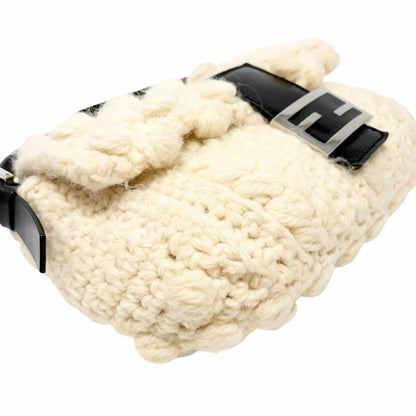 FENDI Vintage FF Logo Wool Knit Mamma Baguette Shoulder Bag Cream Brown 902054