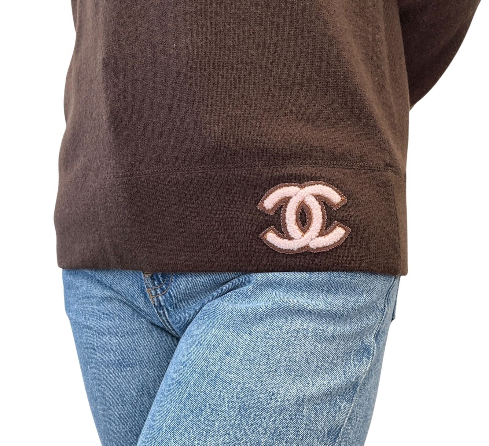 CHANEL Vintage 01A CC Mark Logo Knit Sweater Top #42 Brown Pink Cashmere