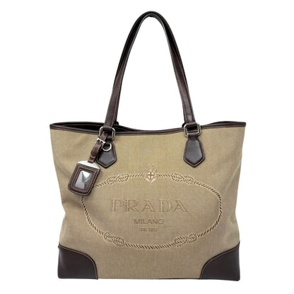 PRADA Vintage Jacquard Logo Tote Bag Brown Silver Canvas Leather 902340