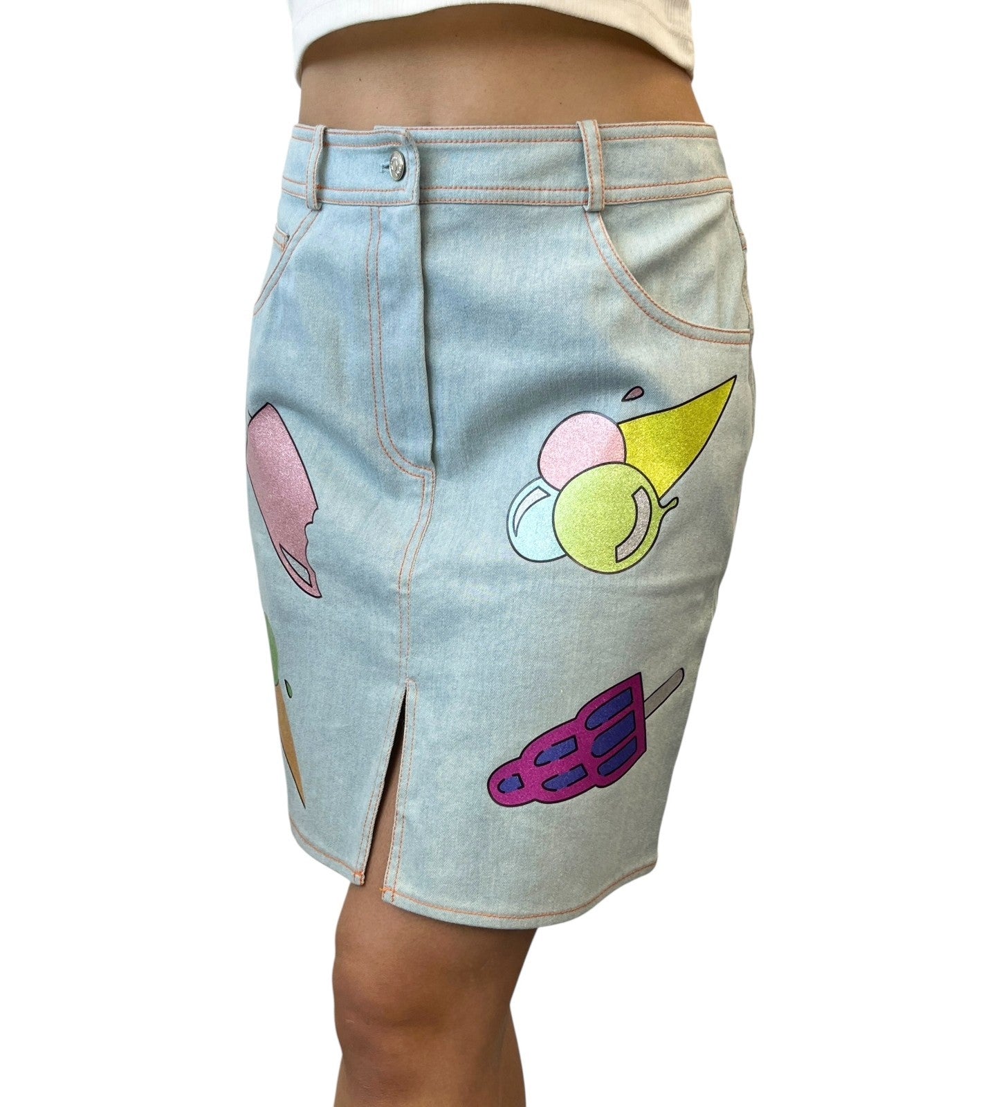 Christian Dior Vintage 2002 Glitter Denim Skirt Ice Cream Print #38 Blue Cotton