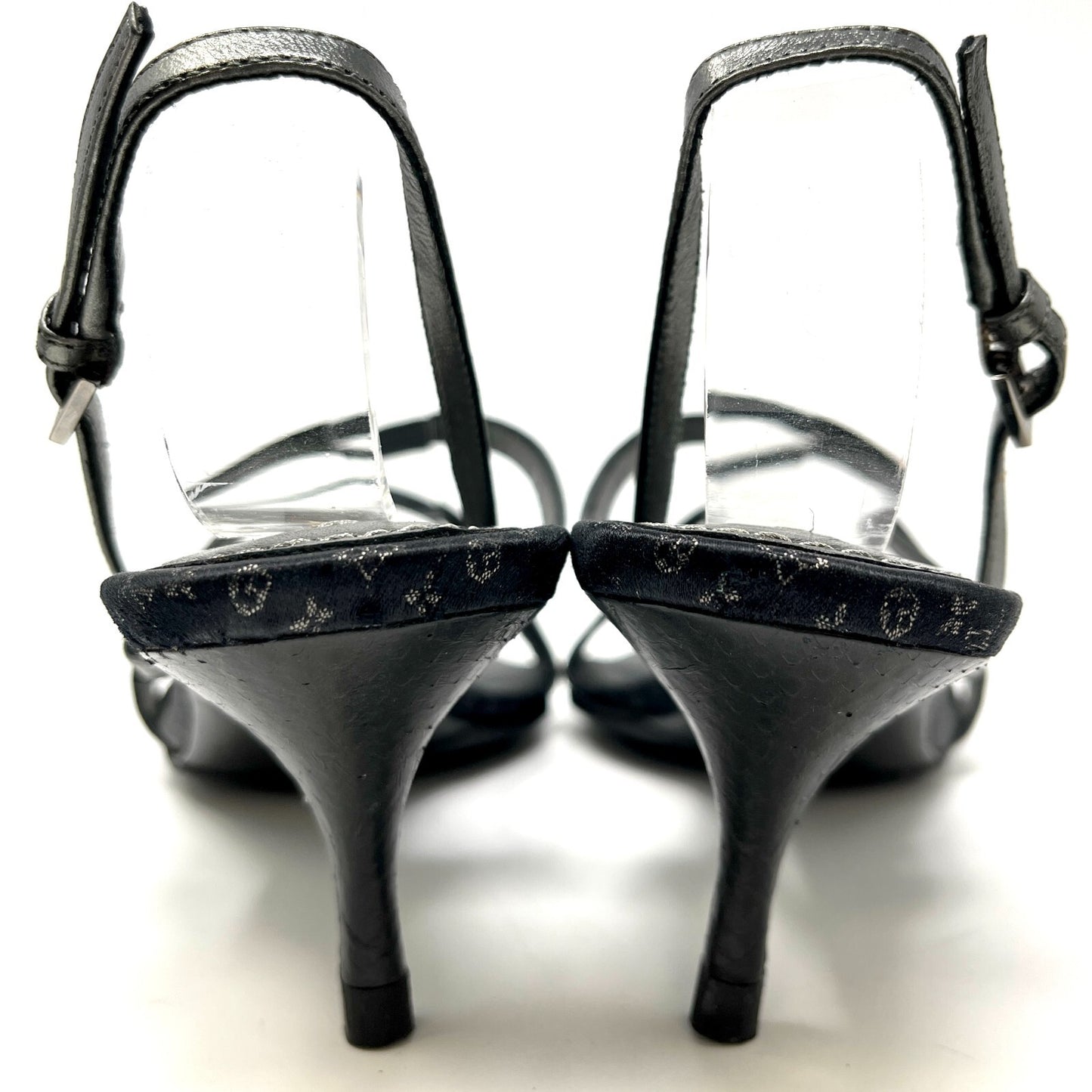 LOUIS VUITTON Monogram Logo Sandals Heels #37 US6.5 Slingback Black Satin RankAB