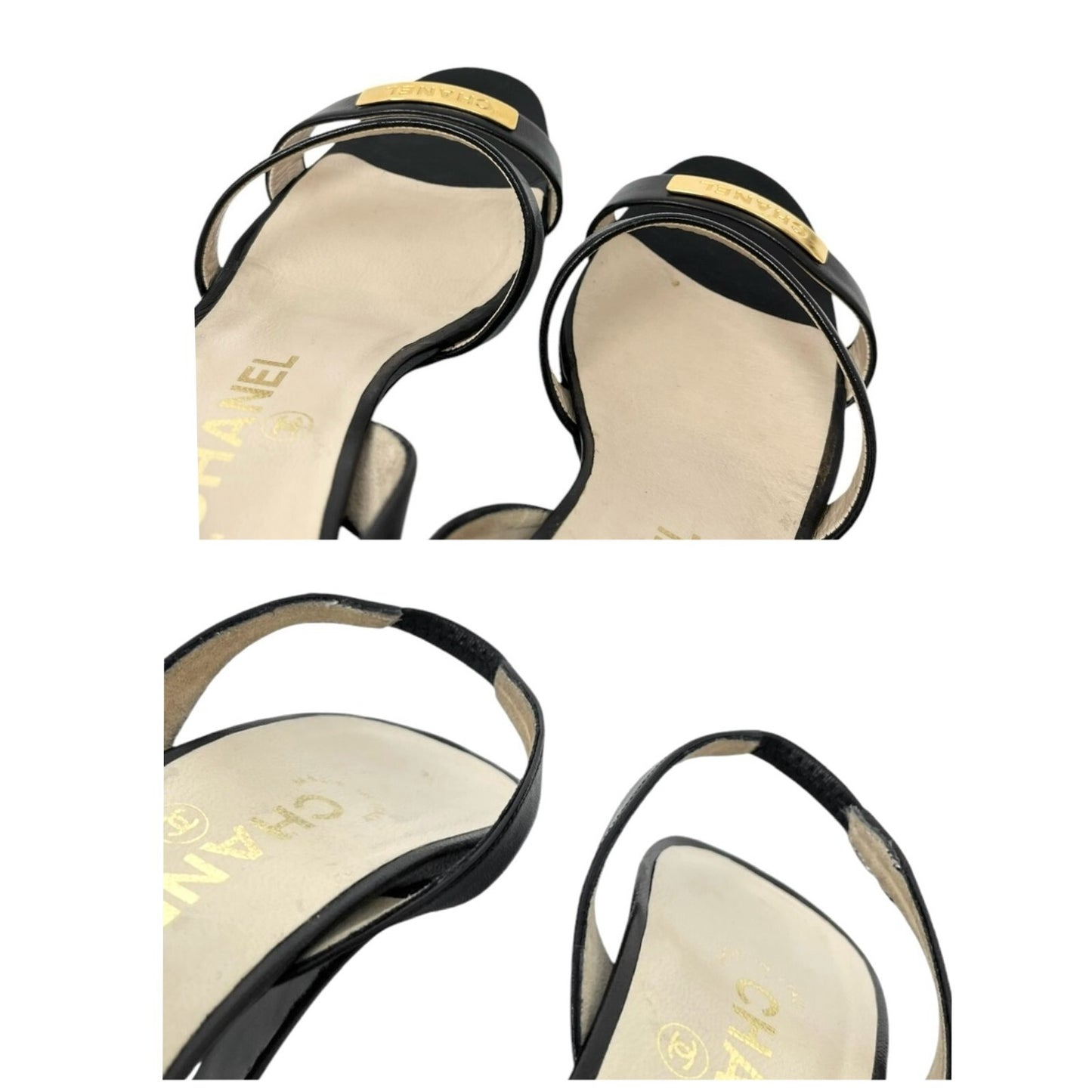 CHANEL Vintage 98P CC Logo Heels Mules Sandals #36.5-37 Black Gold Leather