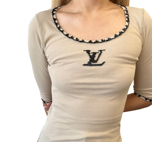 LOUIS VUITTON Vintage Beads Knit Long Sleeve Top T-shirt #XS Beige 901990