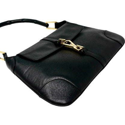 GUCCI Vintage Bamboo Jackie Shoulder Top Handle Bag Black Gold Leather 902332