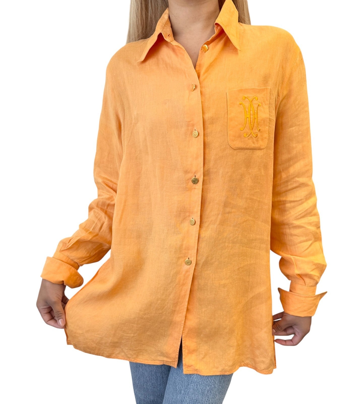 HERMES Vintage Logo Clou de Selle Button Up Shirt Top #36 Orange Gold Linen