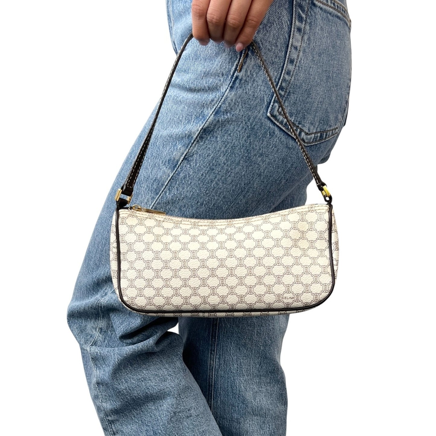 CELINE Vintage Macadam Monogram Shoulder Bag Pochette White Brown PVC 902075