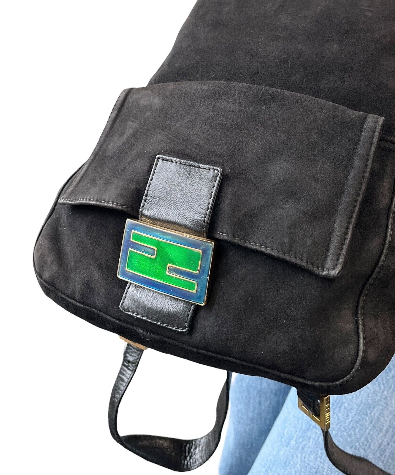 FENDI Vintage FF Logo Backpack Zip Black Green Suede Leather Front Pocket